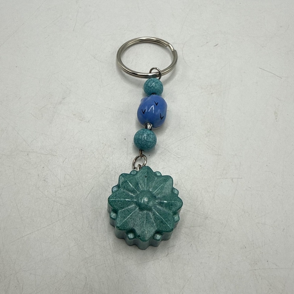 Teal Floral Resin Keychain Blue Ceramic Owl Bead Faux Turquoise Boho Accessory